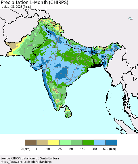 Southern Asia Precipitation 1-Month (CHIRPS) Thematic Map For 7/1/2023 - 7/31/2023