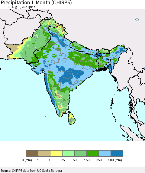 Southern Asia Precipitation 1-Month (CHIRPS) Thematic Map For 7/6/2023 - 8/5/2023