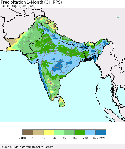 Southern Asia Precipitation 1-Month (CHIRPS) Thematic Map For 7/11/2023 - 8/10/2023