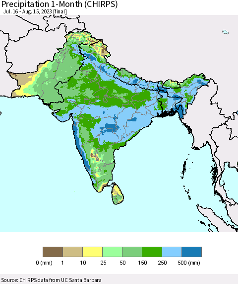Southern Asia Precipitation 1-Month (CHIRPS) Thematic Map For 7/16/2023 - 8/15/2023