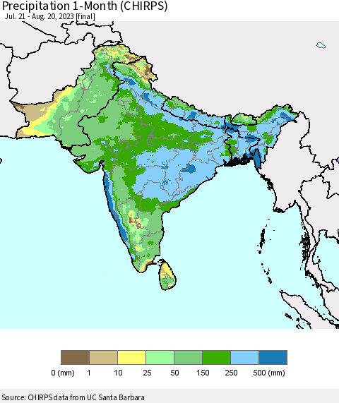 Southern Asia Precipitation 1-Month (CHIRPS) Thematic Map For 7/21/2023 - 8/20/2023