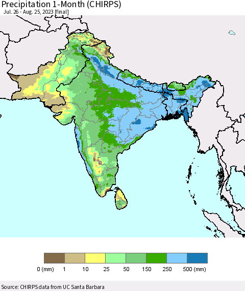 Southern Asia Precipitation 1-Month (CHIRPS) Thematic Map For 7/26/2023 - 8/25/2023