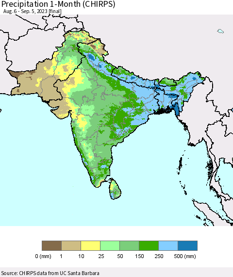 Southern Asia Precipitation 1-Month (CHIRPS) Thematic Map For 8/6/2023 - 9/5/2023