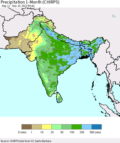 Southern Asia Precipitation 1-Month (CHIRPS) Thematic Map For 8/11/2023 - 9/10/2023
