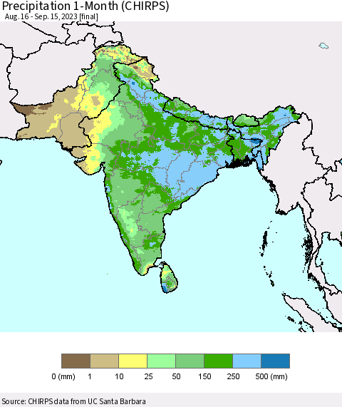 Southern Asia Precipitation 1-Month (CHIRPS) Thematic Map For 8/16/2023 - 9/15/2023
