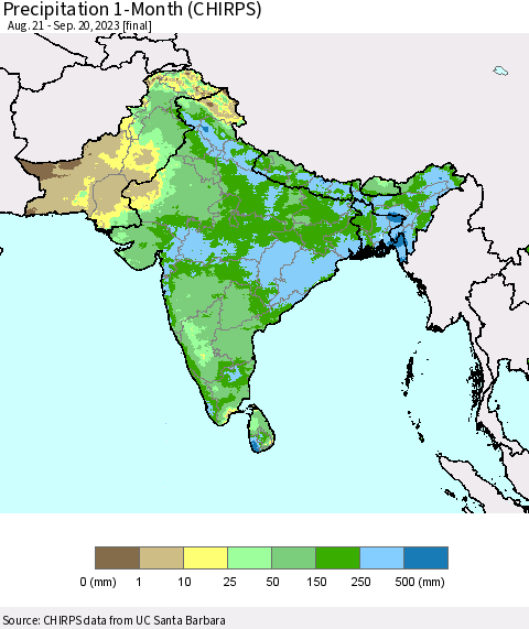 Southern Asia Precipitation 1-Month (CHIRPS) Thematic Map For 8/21/2023 - 9/20/2023