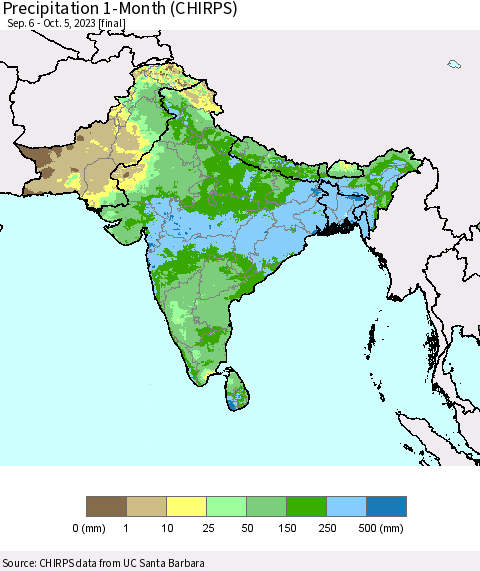 Southern Asia Precipitation 1-Month (CHIRPS) Thematic Map For 9/6/2023 - 10/5/2023