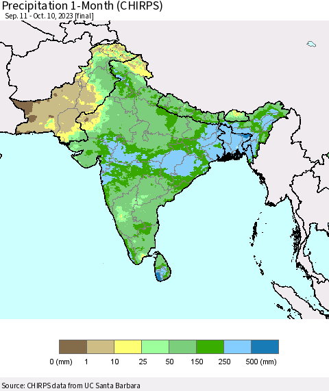 Southern Asia Precipitation 1-Month (CHIRPS) Thematic Map For 9/11/2023 - 10/10/2023