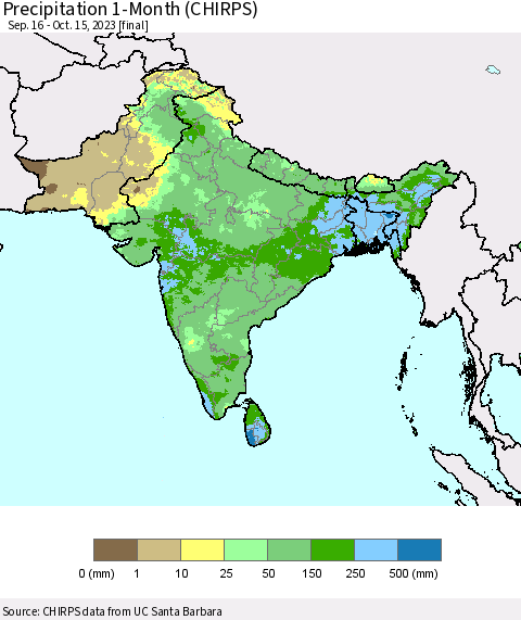 Southern Asia Precipitation 1-Month (CHIRPS) Thematic Map For 9/16/2023 - 10/15/2023
