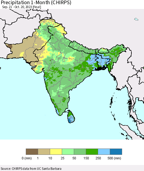 Southern Asia Precipitation 1-Month (CHIRPS) Thematic Map For 9/21/2023 - 10/20/2023