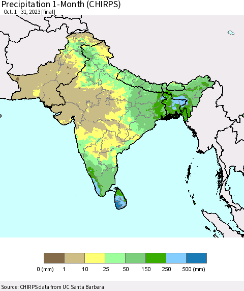 Southern Asia Precipitation 1-Month (CHIRPS) Thematic Map For 10/1/2023 - 10/31/2023