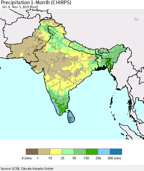 Southern Asia Precipitation 1-Month (CHIRPS) Thematic Map For 10/6/2023 - 11/5/2023