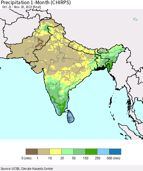 Southern Asia Precipitation 1-Month (CHIRPS) Thematic Map For 10/21/2023 - 11/20/2023