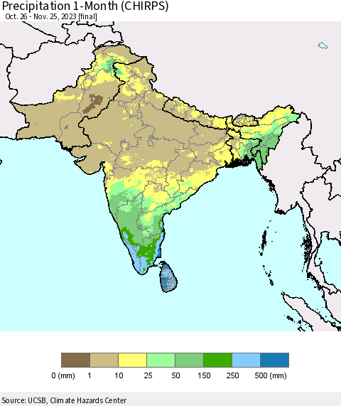 Southern Asia Precipitation 1-Month (CHIRPS) Thematic Map For 10/26/2023 - 11/25/2023