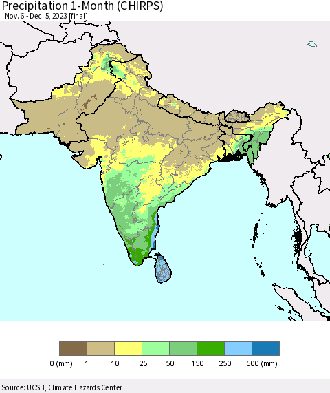Southern Asia Precipitation 1-Month (CHIRPS) Thematic Map For 11/6/2023 - 12/5/2023