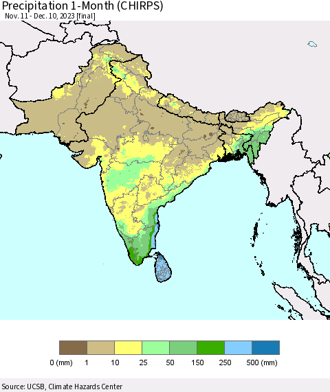 Southern Asia Precipitation 1-Month (CHIRPS) Thematic Map For 11/11/2023 - 12/10/2023