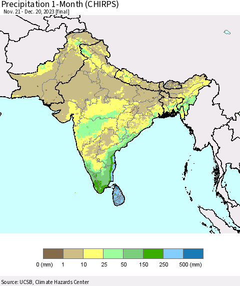 Southern Asia Precipitation 1-Month (CHIRPS) Thematic Map For 11/21/2023 - 12/20/2023
