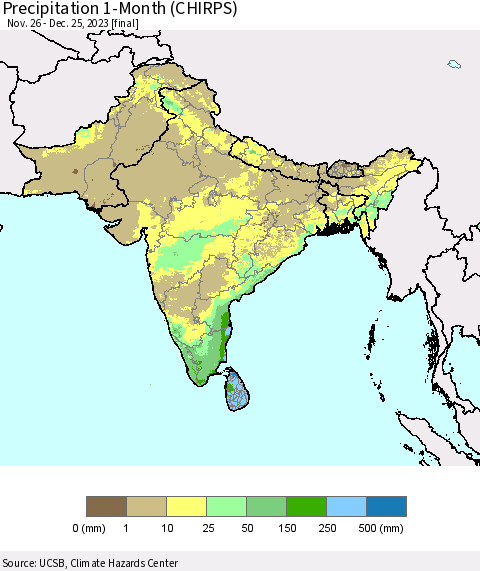 Southern Asia Precipitation 1-Month (CHIRPS) Thematic Map For 11/26/2023 - 12/25/2023