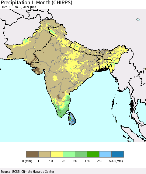 Southern Asia Precipitation 1-Month (CHIRPS) Thematic Map For 12/6/2023 - 1/5/2024