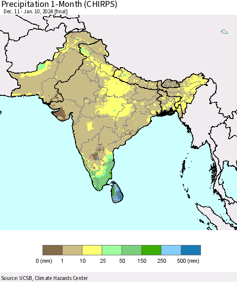 Southern Asia Precipitation 1-Month (CHIRPS) Thematic Map For 12/11/2023 - 1/10/2024