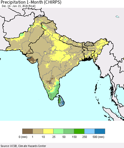 Southern Asia Precipitation 1-Month (CHIRPS) Thematic Map For 12/16/2023 - 1/15/2024