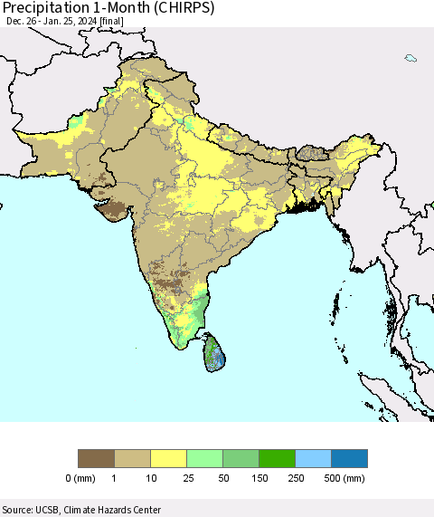 Southern Asia Precipitation 1-Month (CHIRPS) Thematic Map For 12/26/2023 - 1/25/2024