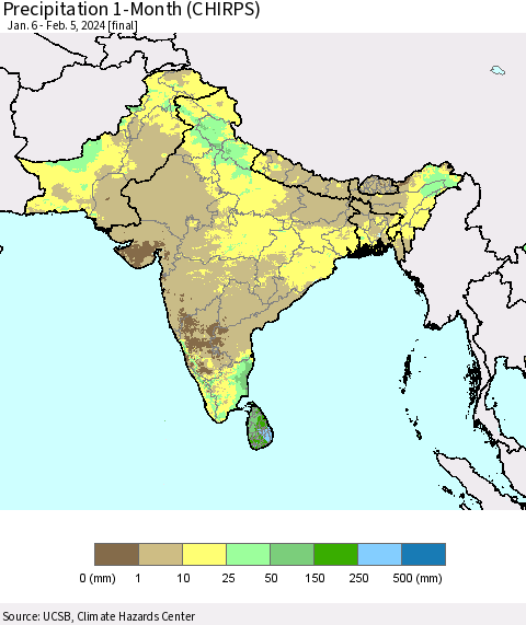 Southern Asia Precipitation 1-Month (CHIRPS) Thematic Map For 1/6/2024 - 2/5/2024