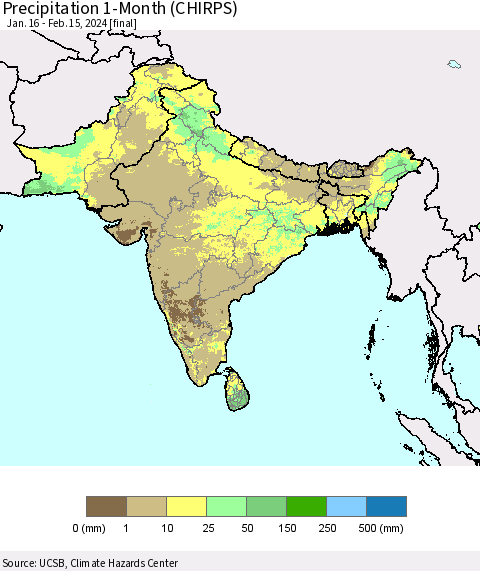 Southern Asia Precipitation 1-Month (CHIRPS) Thematic Map For 1/16/2024 - 2/15/2024