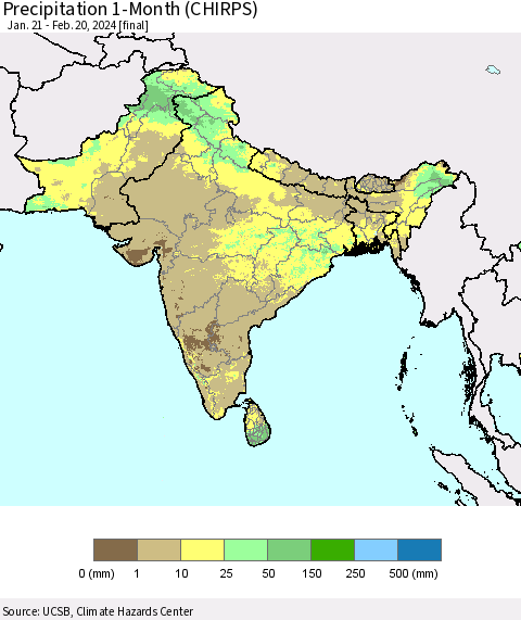 Southern Asia Precipitation 1-Month (CHIRPS) Thematic Map For 1/21/2024 - 2/20/2024