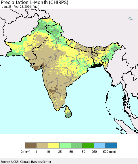 Southern Asia Precipitation 1-Month (CHIRPS) Thematic Map For 1/26/2024 - 2/25/2024