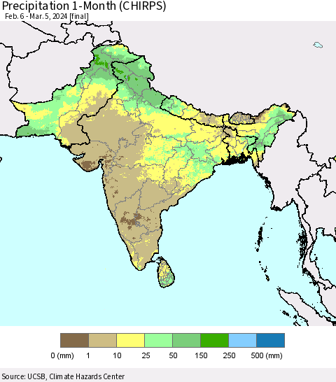 Southern Asia Precipitation 1-Month (CHIRPS) Thematic Map For 2/6/2024 - 3/5/2024