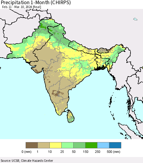 Southern Asia Precipitation 1-Month (CHIRPS) Thematic Map For 2/11/2024 - 3/10/2024
