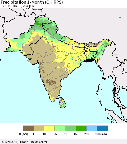 Southern Asia Precipitation 1-Month (CHIRPS) Thematic Map For 2/16/2024 - 3/15/2024