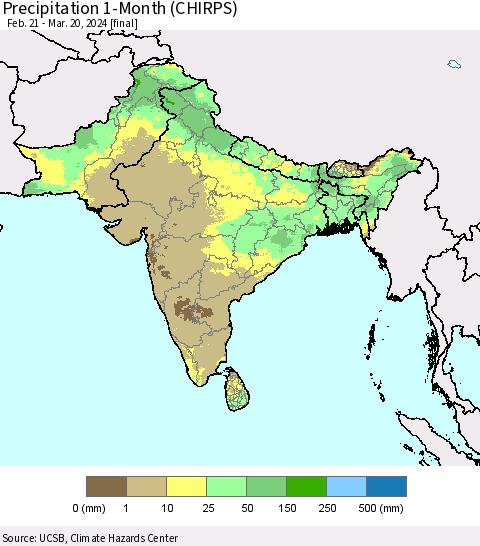 Southern Asia Precipitation 1-Month (CHIRPS) Thematic Map For 2/21/2024 - 3/20/2024