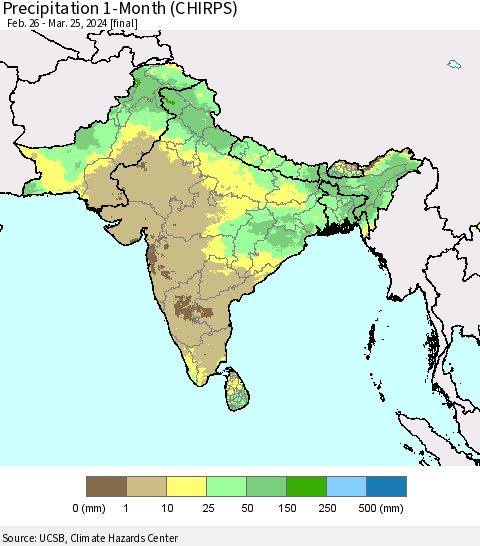 Southern Asia Precipitation 1-Month (CHIRPS) Thematic Map For 2/26/2024 - 3/25/2024