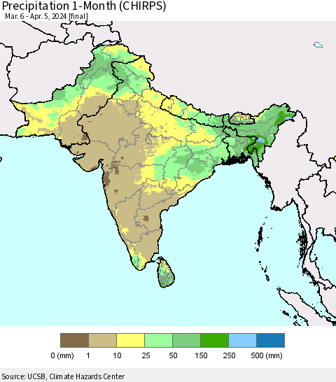 Southern Asia Precipitation 1-Month (CHIRPS) Thematic Map For 3/6/2024 - 4/5/2024