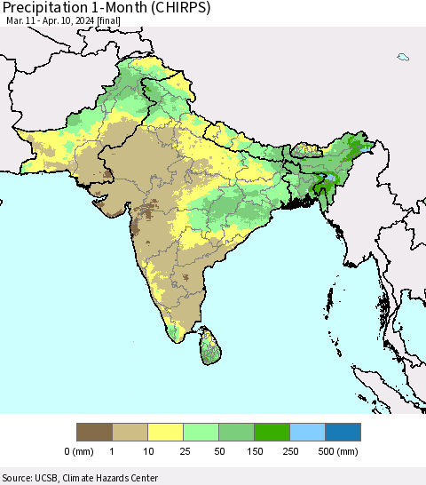 Southern Asia Precipitation 1-Month (CHIRPS) Thematic Map For 3/11/2024 - 4/10/2024