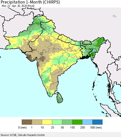 Southern Asia Precipitation 1-Month (CHIRPS) Thematic Map For 3/21/2024 - 4/20/2024