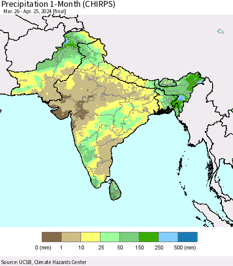 Southern Asia Precipitation 1-Month (CHIRPS) Thematic Map For 3/26/2024 - 4/25/2024