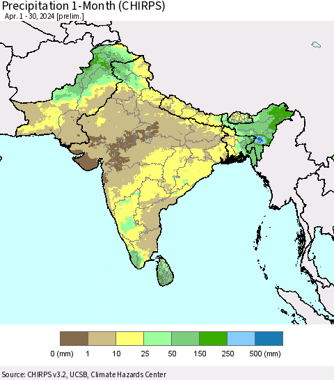 Southern Asia Precipitation 1-Month (CHIRPS) Thematic Map For 4/1/2024 - 4/30/2024