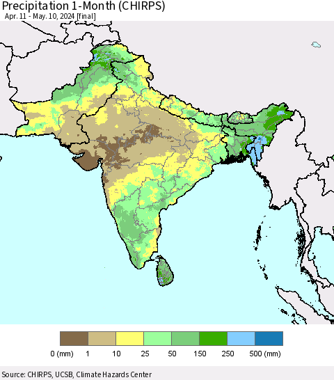 Southern Asia Precipitation 1-Month (CHIRPS) Thematic Map For 4/11/2024 - 5/10/2024