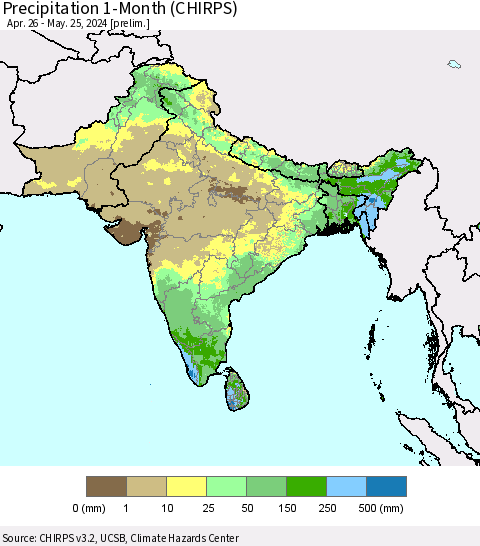 Southern Asia Precipitation 1-Month (CHIRPS) Thematic Map For 4/26/2024 - 5/25/2024