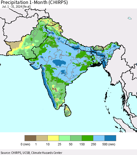 Southern Asia Precipitation 1-Month (CHIRPS) Thematic Map For 7/1/2024 - 7/31/2024