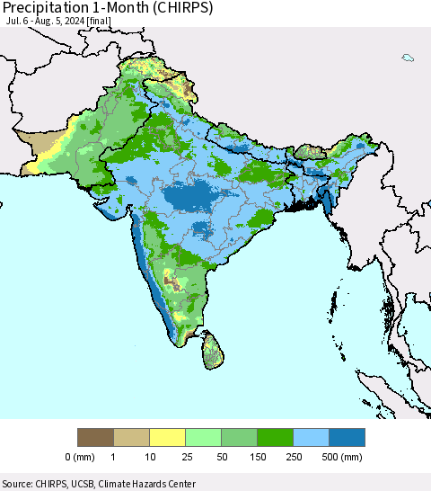 Southern Asia Precipitation 1-Month (CHIRPS) Thematic Map For 7/6/2024 - 8/5/2024
