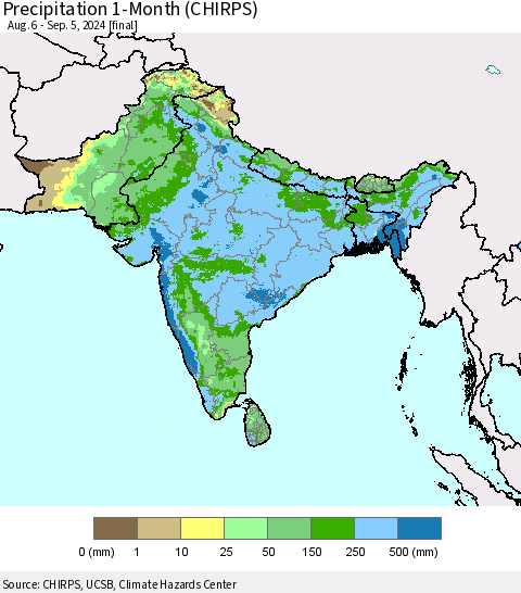 Southern Asia Precipitation 1-Month (CHIRPS) Thematic Map For 8/6/2024 - 9/5/2024