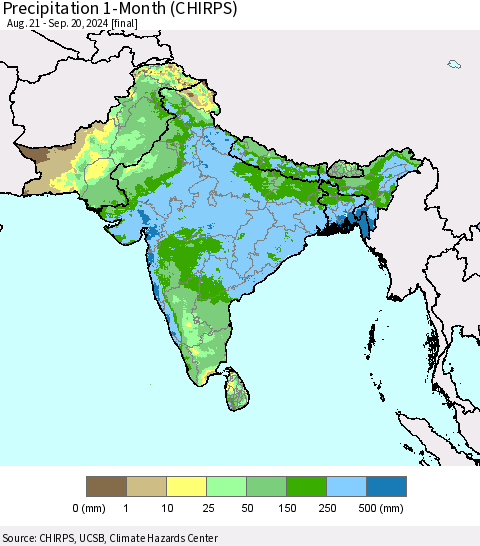 Southern Asia Precipitation 1-Month (CHIRPS) Thematic Map For 8/21/2024 - 9/20/2024