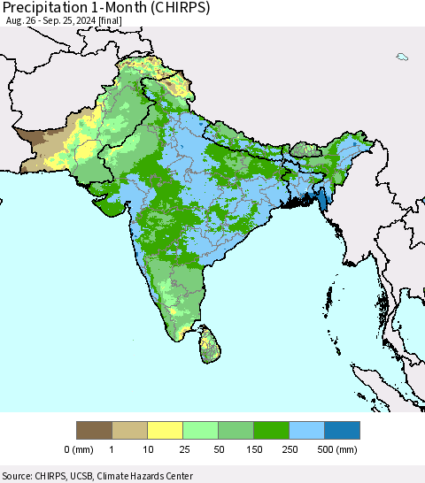 Southern Asia Precipitation 1-Month (CHIRPS) Thematic Map For 8/26/2024 - 9/25/2024