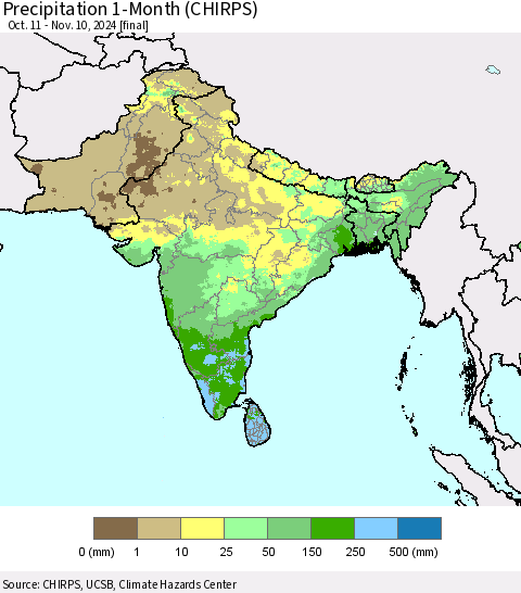 Southern Asia Precipitation 1-Month (CHIRPS) Thematic Map For 10/11/2024 - 11/10/2024