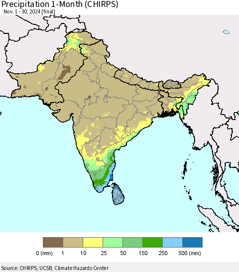 Southern Asia Precipitation 1-Month (CHIRPS) Thematic Map For 11/1/2024 - 11/30/2024