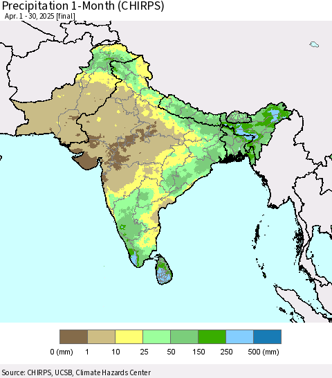 Southern Asia Precipitation 1-Month (CHIRPS) Thematic Map For 4/1/2025 - 4/30/2025